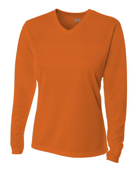 Custom A4 Ladies' Birds-Eye Mesh Long Sleeve V-Neck T-Shirt designed for schools, events, and teams, featuring durable fabric and vibrant printing