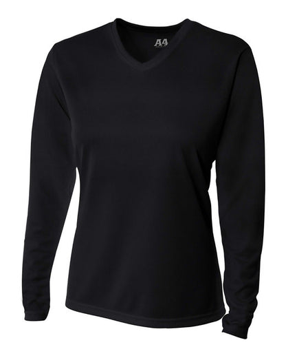 Custom A4 Ladies' Birds-Eye Mesh Long Sleeve V-Neck T-Shirt designed for schools, events, and teams, featuring durable fabric and vibrant printing