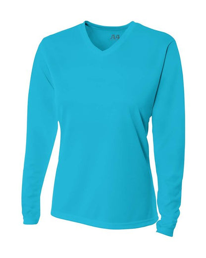 Custom A4 Ladies' Birds-Eye Mesh Long Sleeve V-Neck T-Shirt designed for schools, events, and teams, featuring durable fabric and vibrant printing