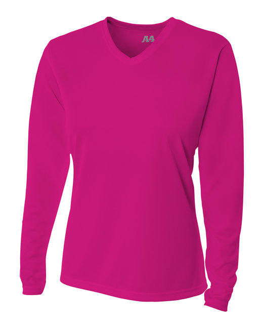 Custom A4 Ladies' Birds-Eye Mesh Long Sleeve V-Neck T-Shirt designed for schools, events, and teams, featuring durable fabric and vibrant printing