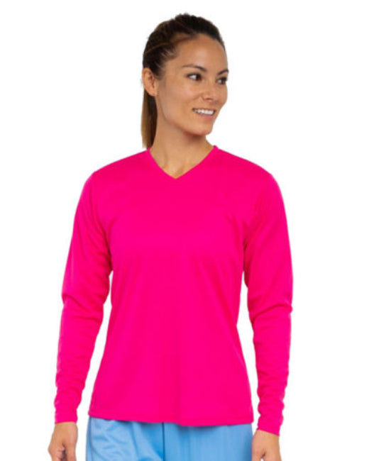 Custom A4 Ladies' Birds-Eye Mesh Long Sleeve V-Neck T-Shirt designed for schools, events, and teams, featuring durable fabric and vibrant printing