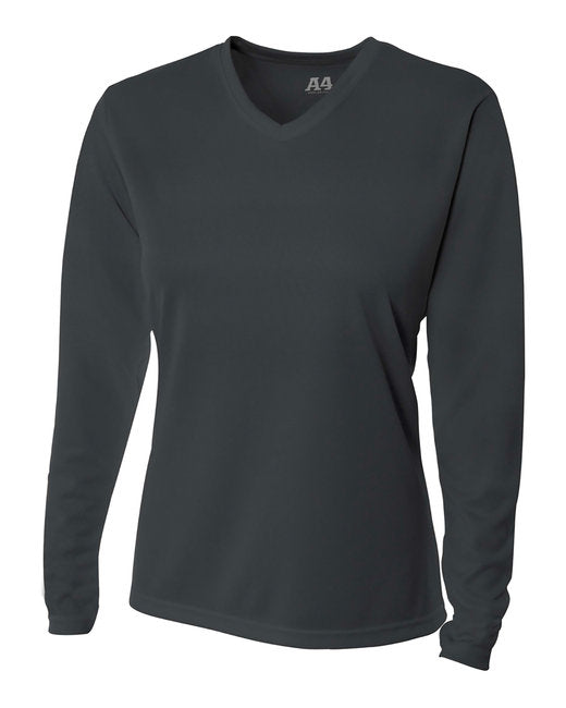 Custom A4 Ladies' Birds-Eye Mesh Long Sleeve V-Neck T-Shirt designed for schools, events, and teams, featuring durable fabric and vibrant printing