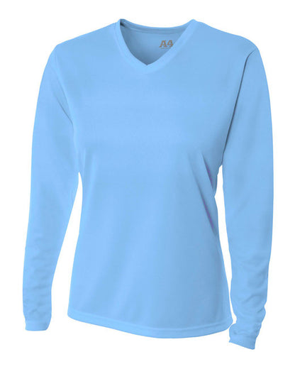 Custom A4 Ladies' Birds-Eye Mesh Long Sleeve V-Neck T-Shirt designed for schools, events, and teams, featuring durable fabric and vibrant printing
