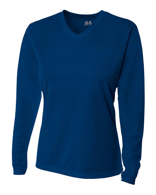 Custom A4 Ladies' Birds-Eye Mesh Long Sleeve V-Neck T-Shirt designed for schools, events, and teams, featuring durable fabric and vibrant printing