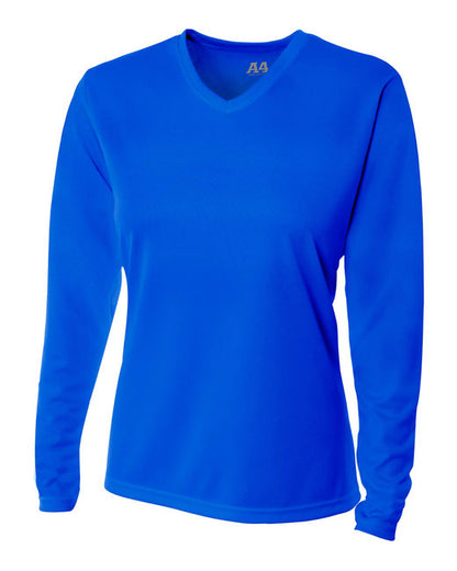 Custom A4 Ladies' Birds-Eye Mesh Long Sleeve V-Neck T-Shirt designed for schools, events, and teams, featuring durable fabric and vibrant printing