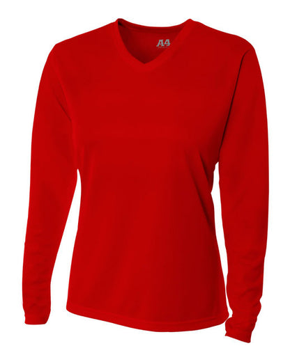 Custom A4 Ladies' Birds-Eye Mesh Long Sleeve V-Neck T-Shirt designed for schools, events, and teams, featuring durable fabric and vibrant printing