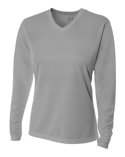 Custom A4 Ladies' Birds-Eye Mesh Long Sleeve V-Neck T-Shirt designed for schools, events, and teams, featuring durable fabric and vibrant printing