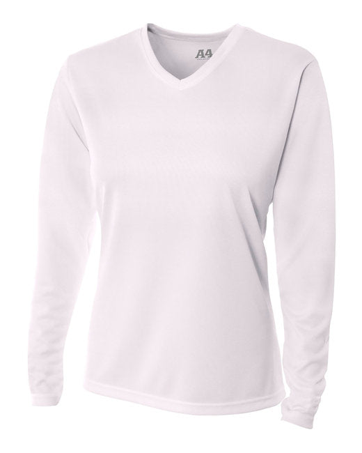 Custom A4 Ladies' Birds-Eye Mesh Long Sleeve V-Neck T-Shirt designed for schools, events, and teams, featuring durable fabric and vibrant printing