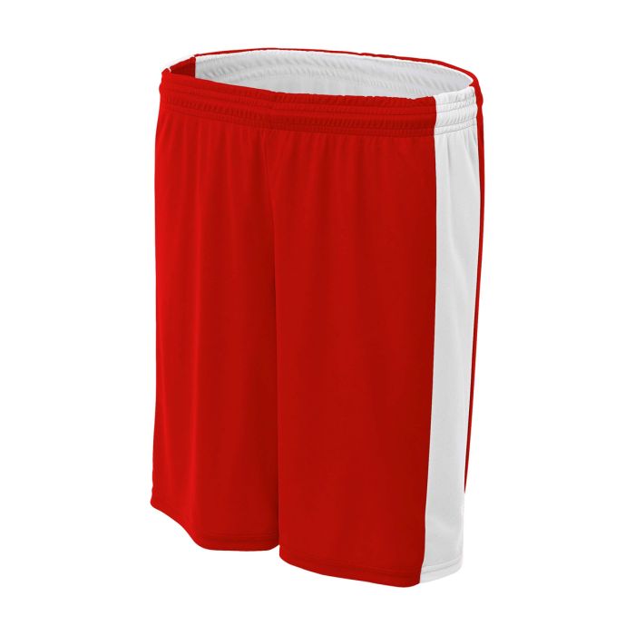 Custom A4 reversible moisture management 8" shorts in red and white, designed for optimal comfort and performance.