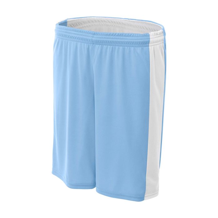 Custom A4 reversible moisture management 8" shorts in light blue and white, designed for comfort and performance.