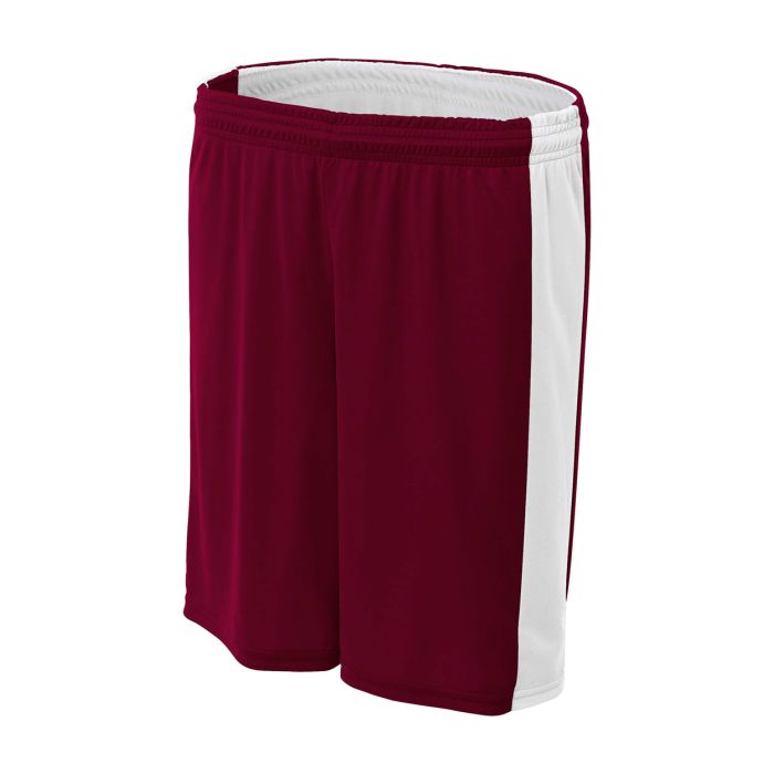 Custom A4 reversible moisture management 8" shorts in maroon and white, designed for team performance and comfort.