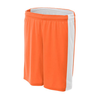 Custom A4 Reversible Moisture Management 8" Shorts in orange and white, perfect for team performance and comfort.