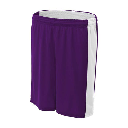 Custom A4 Reversible Moisture Management 8" Short in purple and white, designed for team performance and comfort.