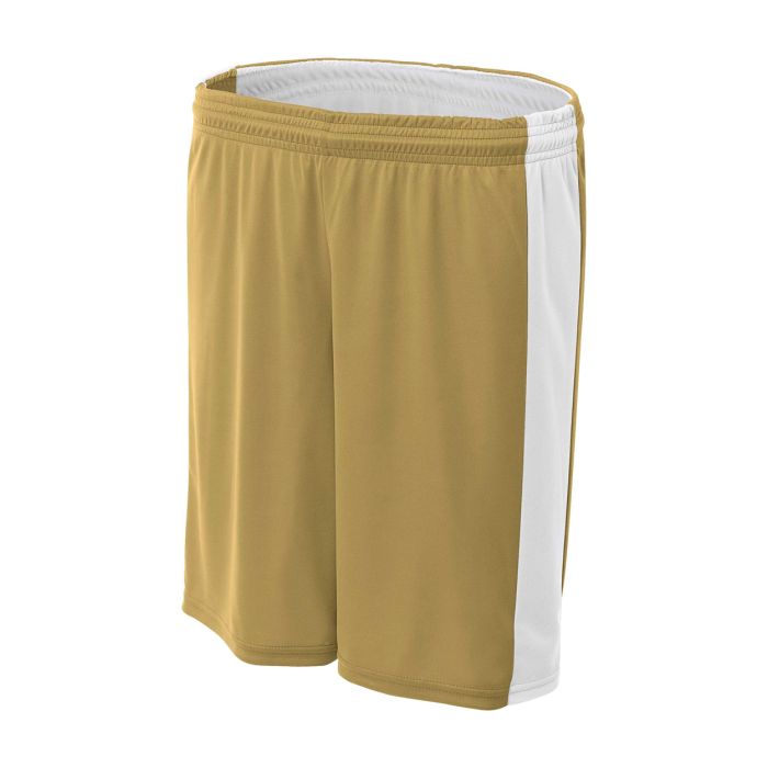 Custom A4 reversible moisture management 8" shorts in gold and white for enhanced team performance and comfort.